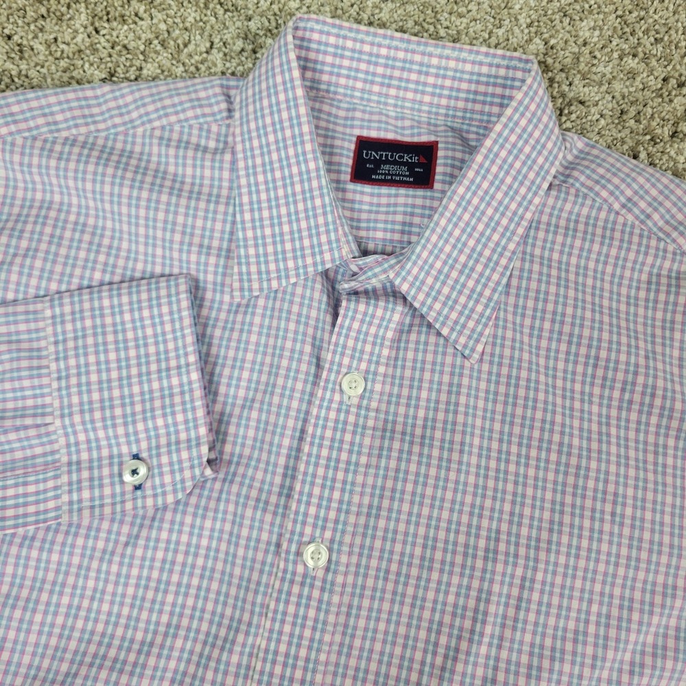 Untuckit Mens Medium Red White Blue Plaid Check Button Up Long Sleeve